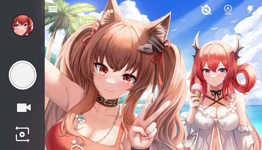 2girls absurdres angelina_(arknights) animal_ears arknights bangs bare_shoulders beach black_choker blush breasts brown_hair choker cleavage closed_mouth collarbone daisy_cutter food hair_ornament highres holding_ice_cream horns ice_cream large_breasts long_hair multiple_girls navel outdoors palm_tree purple_eyes red_eyes red_hair selfie smile surtr_(arknights) swimsuit tree twintails v water