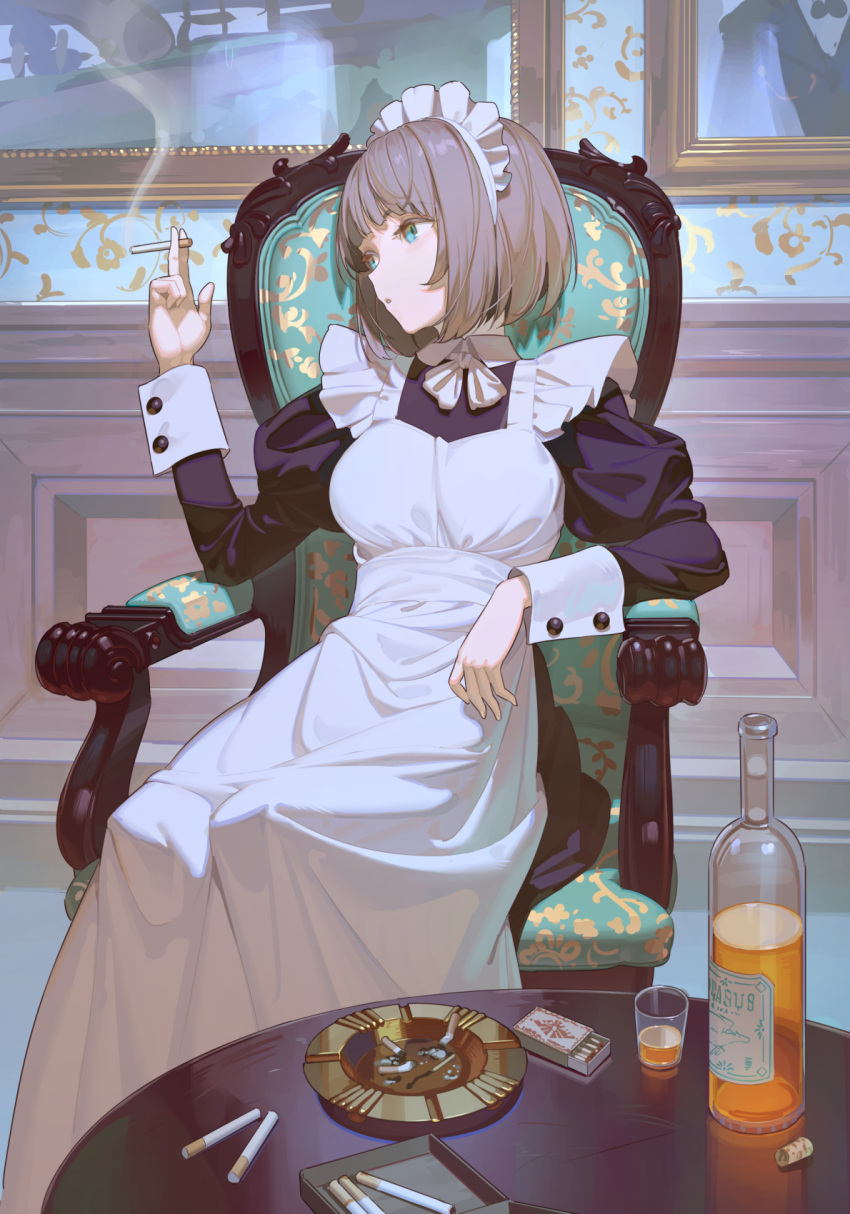 1girl alcohol ashtray bangs between_fingers blunt_bangs bottle brown_hair chair cigarette cigarette_holder commentary_request cork cup drinking_glass green_eyes highres holding long_sleeves looking_away maid maid_headdress matchbox matches original painting_(action) picture_frame revision short_hair shot_glass sitting smoking solo timbougami wrist_cuffs