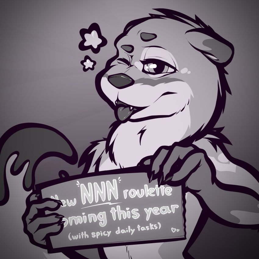 absurd_res amazinky anthro black_and_white faproulette fur fur_markings fur_tuft half-closed_eyes hi_res holding_carton holding_object holding_sign ink ink_drip inky_(amazinky) looking_at_viewer lutrine male mammal markings meme monochrome mustelid narrowed_eyes no_nut_november one_eye_closed open_mouth raised_tail sign simple_background solo standing star tongue tongue_out tuft tufted_fur wink