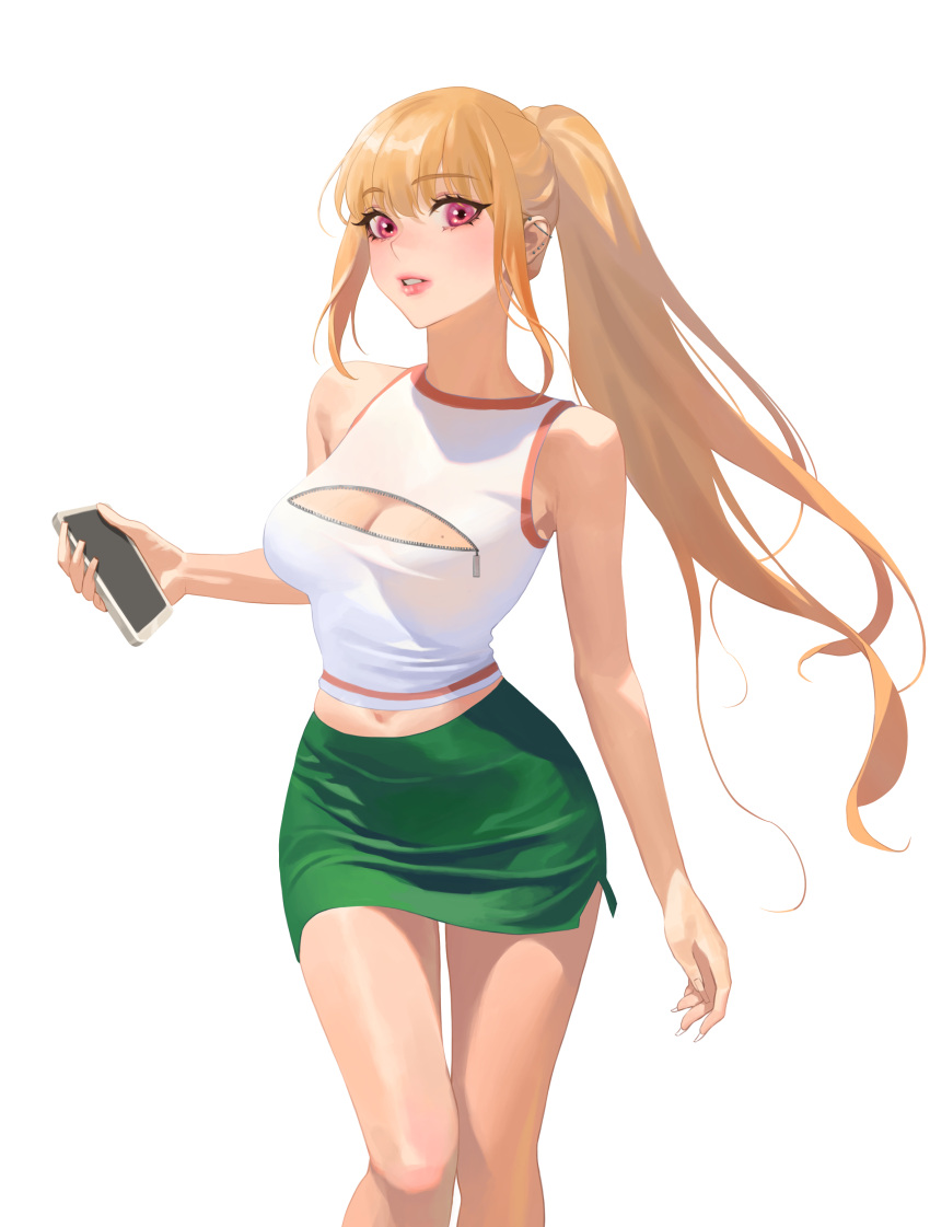 1girl absurdres alternate_costume barbell_piercing bare_shoulders blonde_hair breasts casual cellphone cleavage cleavage_cutout clothing_cutout crop_top ear_piercing fake_nails fingernails green_skirt highres holding holding_phone hongcasso industrial_piercing kitagawa_marin large_breasts long_hair looking_at_viewer midriff miniskirt mole mole_on_breast navel parted_lips phone piercing pink_eyes pink_lips ponytail shirt sidelocks simple_background skirt sleeveless sleeveless_shirt smartphone solo sono_bisque_doll_wa_koi_wo_suru teeth thighs very_long_hair white_background white_shirt zipper zipper_pull_tab