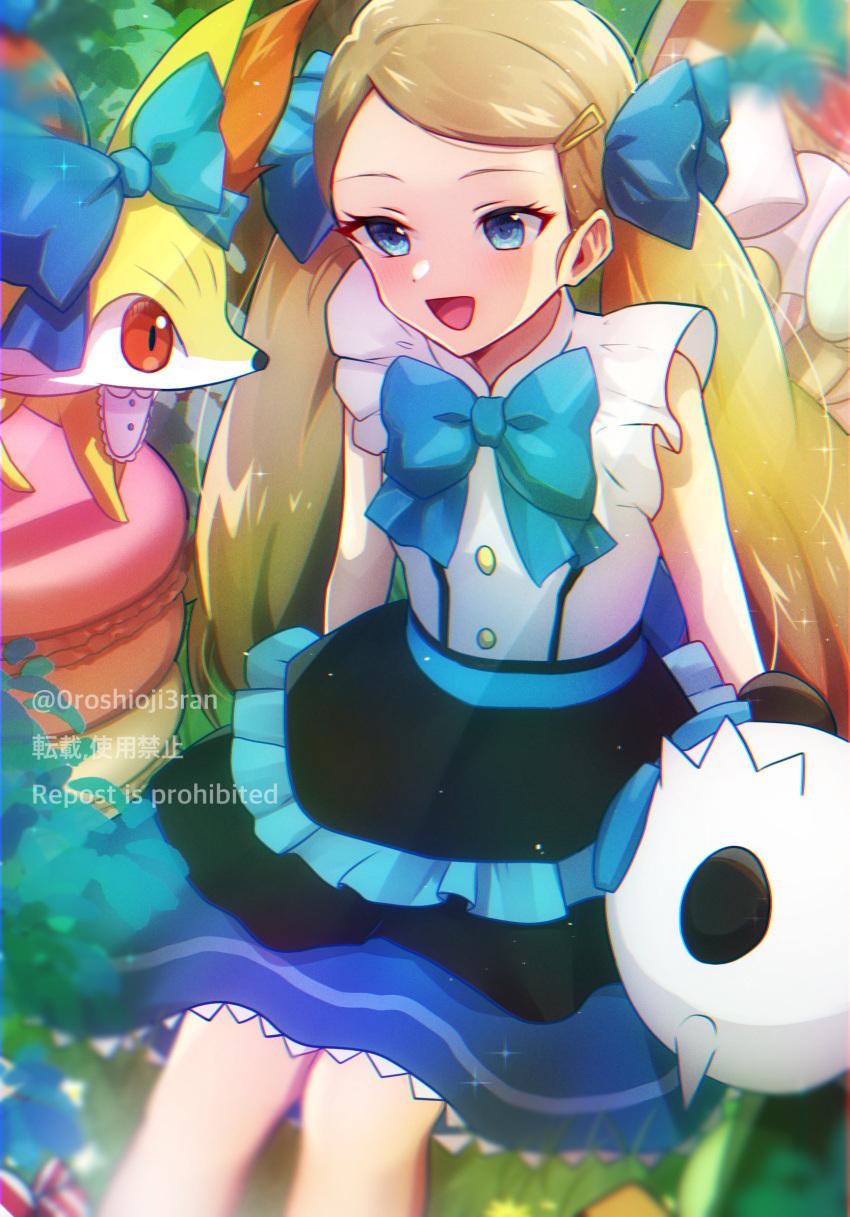 0roshioji3ran 1girl :d black_skirt blonde_hair blue_bow blue_bowtie blue_eyes blue_ribbon blurry bow bowtie buttons commentary_request eyelashes fennekin hair_ornament hair_ribbon hairclip happy highres long_hair open_mouth pancham pokemon pokemon_(anime) pokemon_(creature) pokemon_xy_(anime) ribbon serena_(pokemon) shirt skirt sleeveless sleeveless_shirt smile twintails twitter_username watermark white_shirt