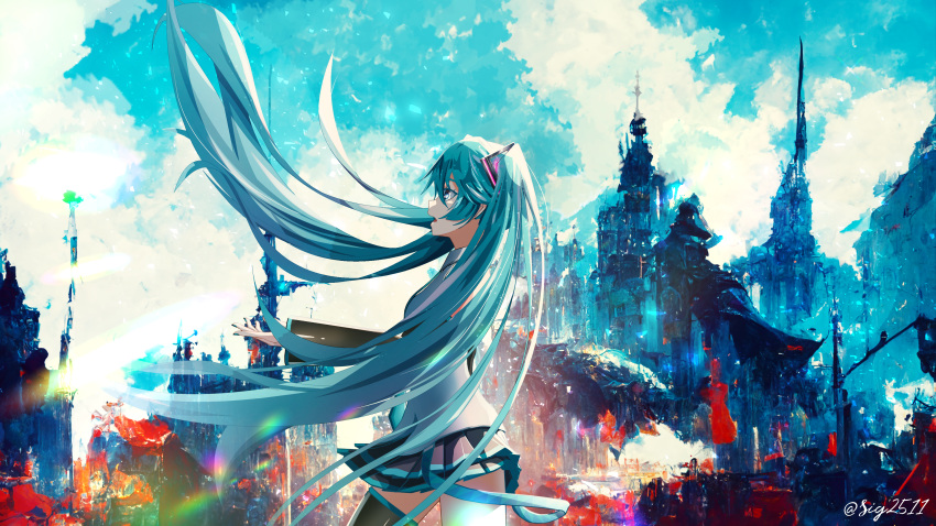 1girl absurdres bangs black_sleeves black_thighhighs blue_eyes blue_hair blue_nails blue_necktie blue_skirt blue_sky cloud cowboy_shot detached_sleeves floating_hair from_side grey_shirt grey_skirt hair_between_eyes hair_ornament hatsune_miku hatsune_miku_(vocaloid3) highres layered_skirt long_hair long_sleeves miniskirt nail_polish necktie open_mouth outdoors pleated_skirt profile shirt sig2511 skirt sky sleeveless sleeveless_shirt solo standing thighhighs twintails twitter_username two-tone_skirt very_long_hair vocaloid zettai_ryouiki