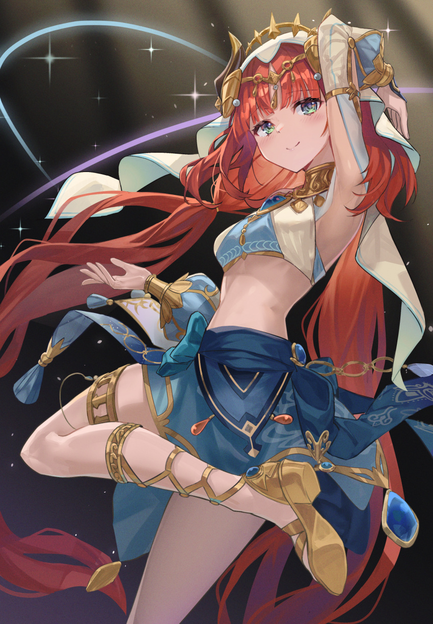 1girl arm_up bangs breasts circlet closed_mouth crop_top detached_sleeves forehead_jewel genshin_impact gold_trim highres hopepe jewelry leg_up long_hair long_sleeves looking_at_viewer neck_ring nilou_(genshin_impact) parted_bangs puffy_long_sleeves puffy_sleeves red_hair skirt small_breasts smile solo standing standing_on_one_leg twintails vambraces veil vision_(genshin_impact)