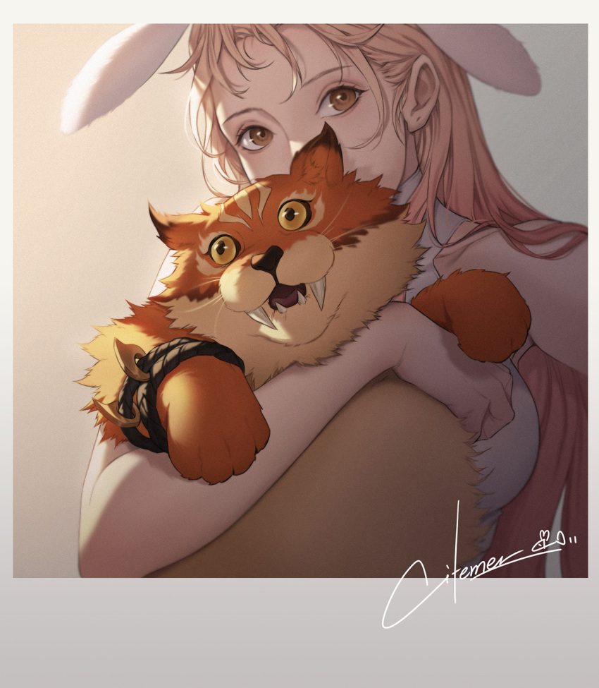 1girl animal animal_ears blonde_hair breasts cat citemer gongsun_li highres holding holding_animal looking_at_viewer rabbit_ears selfie shirt signature sleeveless sleeveless_shirt solo upper_body wangzhe_rongyao white_shirt yellow_eyes