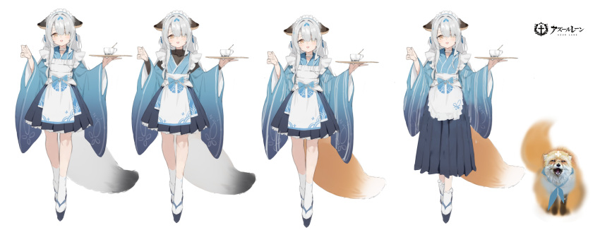 1girl absurdres animal_ears apron azur_lane brown_eyes concept_art cup fox_ears fox_tail hair_ornament highres large_tail looking_at_viewer maid maid_headdress miyuki_(azur_lane) miyuki_(shopping_rendezvous)_(azur_lane) multiple_views official_art open_mouth socks standing tail wa_maid white_background white_hair white_socks wide_sleeves yuri_shoutu