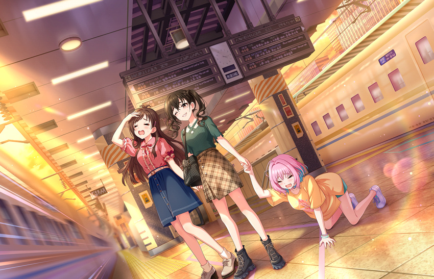 #lookingforaunitname_(idolmaster) 3girls ahoge all_fours antenna_hair blue_hair blush bracelet brown_hair center_frills dutch_angle frills full_body ground_vehicle holding_hands idolmaster idolmaster_cinderella_girls idolmaster_cinderella_girls_starlight_stage jewelry lens_flare looking_at_another motion_blur multicolored_hair multiple_girls official_art oversized_clothes oversized_shirt pink_hair puffy_short_sleeves puffy_sleeves ribbed_shirt shirt short_sleeves smile sunazuka_akira sunset tile_floor tiles train train_station train_station_platform tsujino_akari twintails two-tone_hair wavy_hair yumemi_riamu