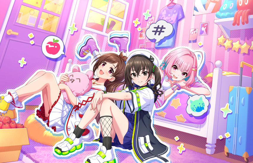 #lookingforaunitname_(idolmaster) 3girls ahoge antenna_hair apple blue_hair blush bracelet brown_hair cat food fruit halftone_texture hashtag idolmaster idolmaster_cinderella_girls idolmaster_cinderella_girls_starlight_stage indoors jewelry knees_up leaning_back looking_at_viewer lying mole mole_under_eye multicolored_hair multiple_girls official_art on_floor on_stomach outline oversized_clothes oversized_shirt pink_hair plus_sign shirt sitting smile speech_bubble sunazuka_akira tsujino_akari twintails two-tone_hair wavy_hair white_outline yumemi_riamu