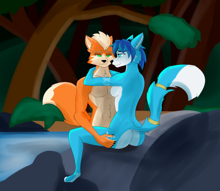 2022 5_fingers anthro arm_markings arms_around_neck black_nose blue_body blue_fur blue_hair breasts butt canid canine claws digital_media_(artwork) duo eyes_closed featureless_breasts female finger_claws fingers fox fox_mccloud fur galaganon hair half-closed_eyes hand_on_leg hand_on_thigh humanoid_hands imminent_sex intimate krystal leg_markings male male/female mammal markings multicolored_body multicolored_fur narrowed_eyes nature nintendo nude orange_body orange_fur outside river romantic romantic_couple sitting smile star_fox thigh_markings two_tone_body two_tone_fur video_games water white_body white_fur white_hair white_markings