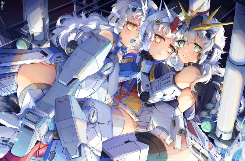 3girls absurdres armor artist_logo artist_name bazooka_(gundam) blue_tongue breasts char's_counterattack char's_counterattack_-_beltorchika's_children clenched_teeth colored_tongue commentary curly_hair green_eyes gundam haro hi-nu_gundam highres holding_hands looking_at_viewer medium_breasts mobile_suit_gundam multiple_girls noisi nu_gundam robot rx-78-2 smile teeth thighhighs thrusters v-fin white_hair yellow_eyes