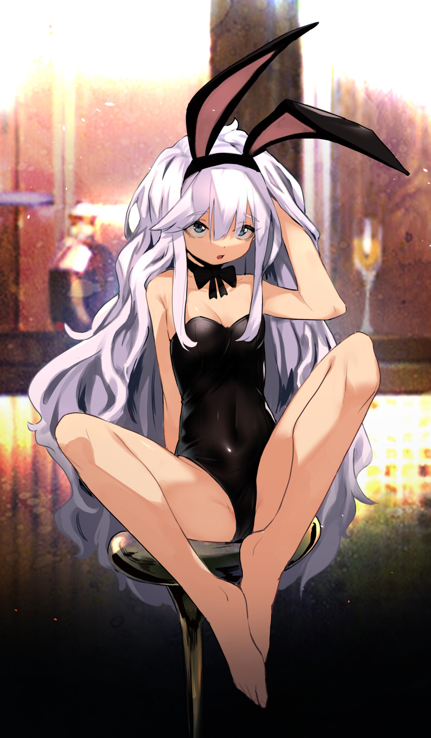 1girl absurdres animal_ears arm_up bakaring bar bar_stool bare_shoulders barefoot black_leotard blue_eyes breasts cleavage covered_navel fake_animal_ears feet groin hand_in_own_hair highres knees_apart_feet_together knees_up legs leotard long_hair open_mouth original playboy_bunny rabbit_ears sitting small_breasts solo stool strapless strapless_leotard thighs toes very_long_hair white_hair