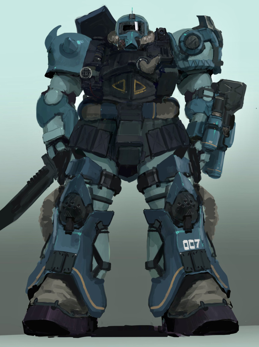 arm_cannon gouf gradient gradient_background gun gundam highres holding holding_gun holding_weapon looking_at_viewer mecha mobile_suit mobile_suit_gundam no_humans redesign rintaro_komori robot shoulder_spikes solo spikes standing straight-on weapon