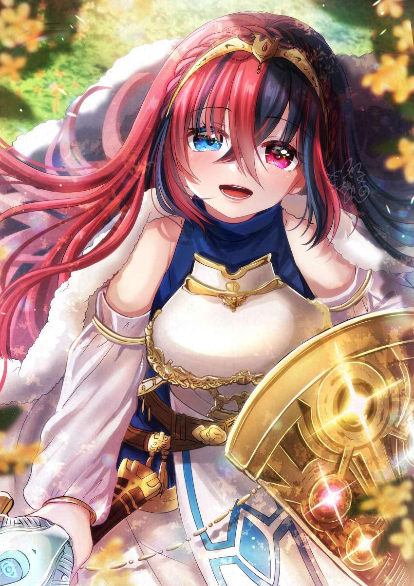 1girl absurdres alear_(fire_emblem) alear_(fire_emblem)_(female) alternate_costume bangs blue_eyes blue_hair braid crossed_bangs crown_braid fire_emblem fire_emblem_engage heterochromia highres long_hair multicolored_hair red_eyes red_hair shimotsukishin solo split-color_hair two-tone_hair very_long_hair