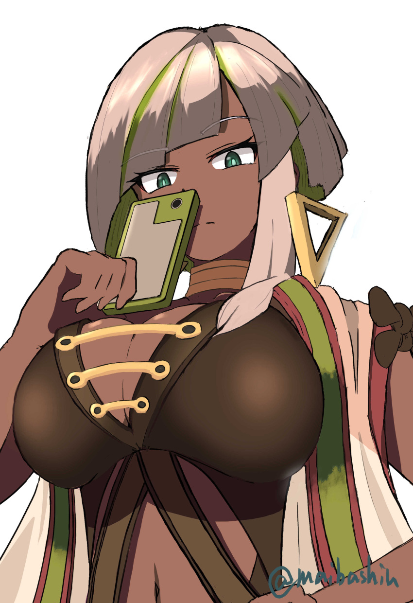 1girl absurdres bangs breasts cellphone cleavage dark_skin diagonal_bangs duel_monster ear_piercing evil_twin's_trouble_sunny from_below green_eyes green_hair grey_hair highres holding holding_phone large_breasts looking_at_viewer luna_(dm)_(yu-gi-oh!) meda_otoko midriff multicolored_hair navel phone piercing short_hair signature smartphone solo white_background yu-gi-oh!