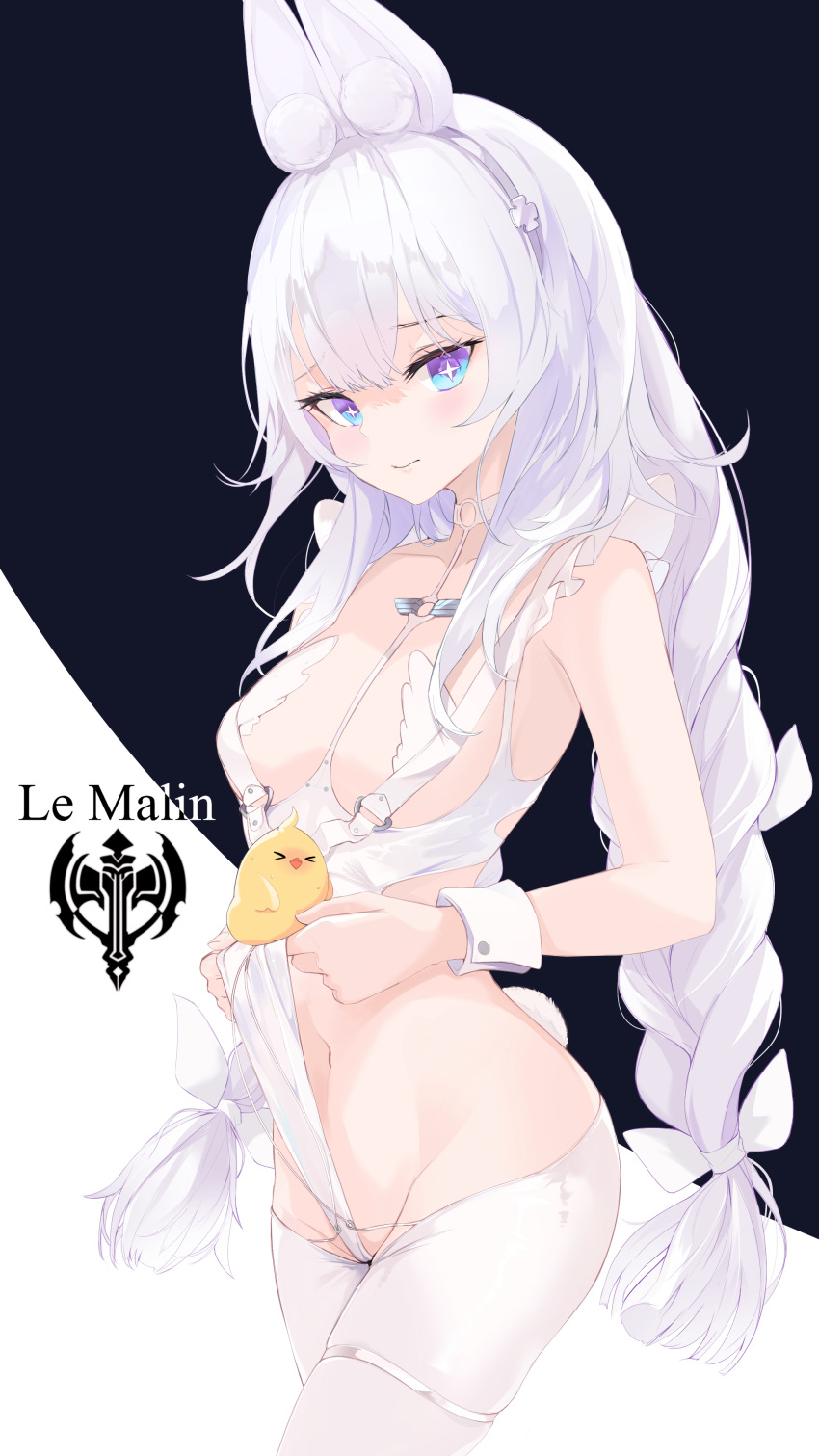 1girl absurdres animal_ears azur_lane bare_arms braid breasts character_name cowboy_shot cross-shaped_pupils highres kooemong le_malin_(azur_lane) le_malin_(listless_lapin)_(azur_lane) leotard leotard_pull looking_at_viewer manjuu_(azur_lane) navel official_alternate_costume pantyhose rabbit_ears small_breasts solo white_hair white_leotard white_pantyhose wrist_cuffs
