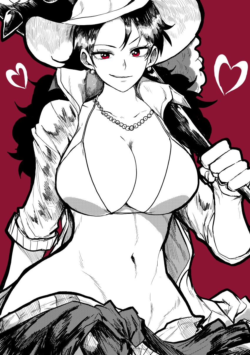 1girl absurdres alvida_(one_piece) bikini bikini_top_only breasts cleavage closed_mouth club_(weapon) commentary cowboy_hat cowboy_shot curvy earrings greyscale_with_colored_background groin hat heart highres holding holding_weapon jewelry large_breasts long_hair looking_at_viewer navel necklace one_piece open_clothes open_shirt over_shoulder pearl_necklace red_background red_eyes simple_background smirk solo spiked_club spot_color stomach swimsuit weapon weapon_over_shoulder yotsumi_shiro