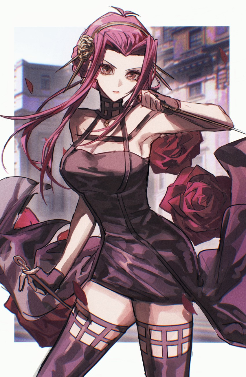 1girl absurdres black_dress black_gloves black_thighhighs brown_eyes commentary cosplay dagger dress dual_wielding fingerless_gloves flower gloves hair_flower hair_ornament hairband highres holding holding_dagger holding_weapon izayoi_aki knife looking_at_viewer naoki_(2rzmcaizerails6) red_flower red_hair red_rose rose short_dress short_hair_with_long_locks sidelocks sleeveless sleeveless_dress solo spy_x_family stiletto_(weapon) thighhighs weapon yor_briar yu-gi-oh! yu-gi-oh!_5d's