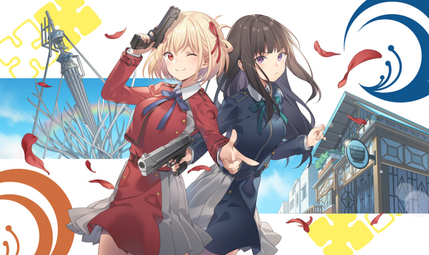 2girls ;) black_dress black_hair blonde_hair blue_bow bow breasts building closed_mouth commentary_request dress green_bow grey_dress gun handgun holding holding_gun holding_weapon inoue_takina long_hair long_sleeves looking_at_viewer lycoris_recoil medium_breasts multiple_girls nishikigi_chisato one_eye_closed pleated_dress purple_eyes red_dress red_eyes rie_(reverie) sign smile two-tone_dress very_long_hair weapon