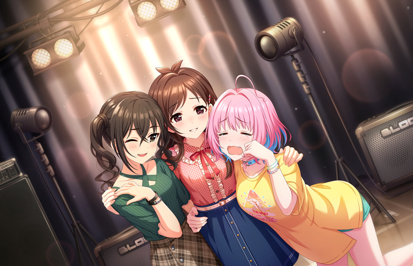 #lookingforaunitname_(idolmaster) 3girls ahoge amplifier antenna_hair blue_hair blush bracelet brown_hair center_frills collarbone crying dutch_angle frills hand_on_another's_hip hands_on_another's_arms idolmaster idolmaster_cinderella_girls idolmaster_cinderella_girls_starlight_stage jewelry lens_flare looking_at_another multicolored_hair multiple_girls official_art oversized_clothes oversized_shirt pink_hair ribbed_shirt shirt smile stage_lights sunazuka_akira teardrop tears tsujino_akari twintails two-tone_hair wavy_hair yumemi_riamu