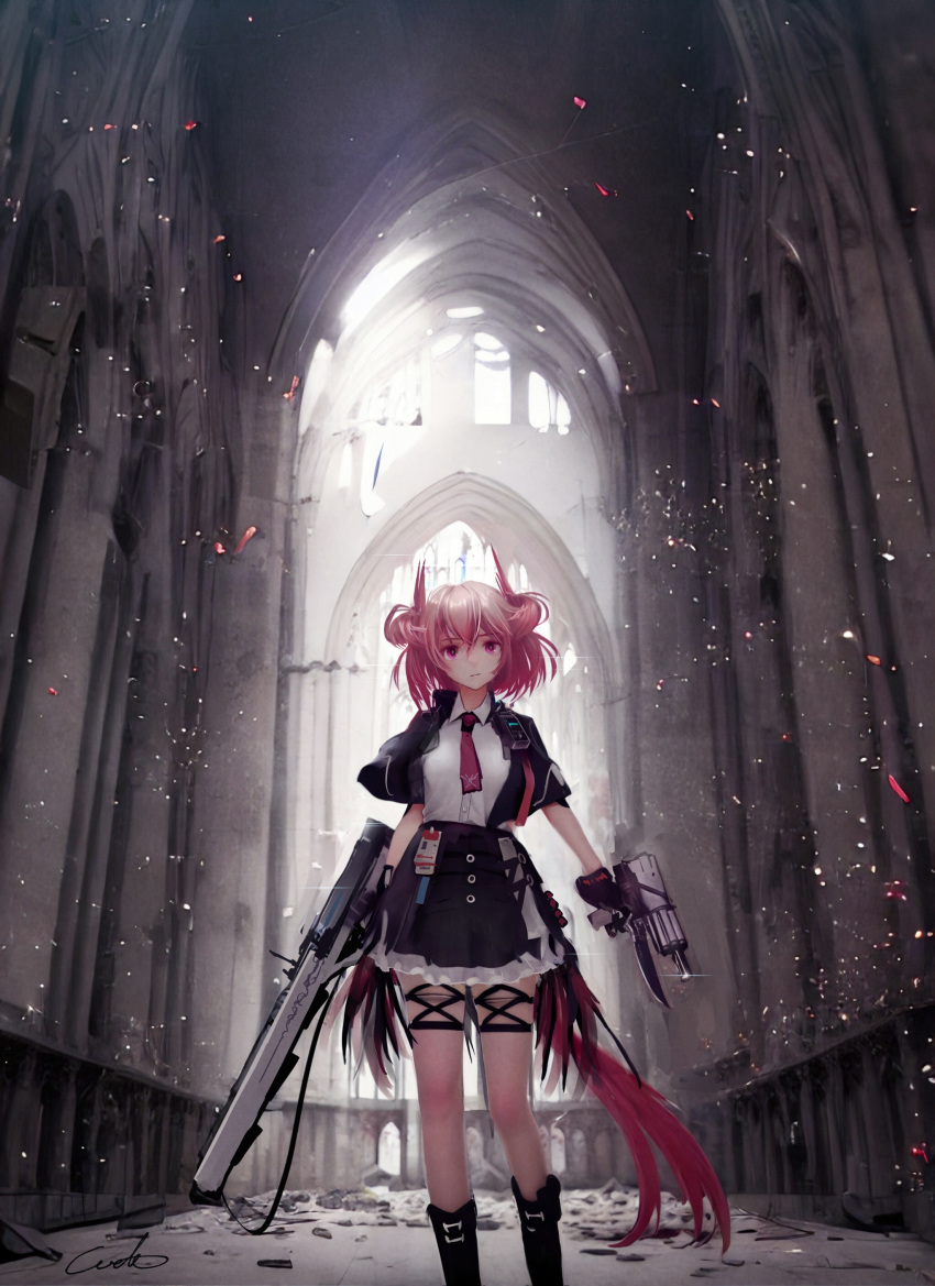 1girl absurdres animal_ears arknights bird_ears bird_girl bird_tail black_footwear black_jacket black_skirt boots cathedral collared_shirt dual_wielding feet_out_of_frame fiammetta_(arknights) frilled_skirt frills gun hair_between_eyes high-waist_skirt highres holding holding_gun holding_weapon indoors jacket looking_at_viewer necktie open_clothes open_jacket red_eyes red_hair red_necktie ruins shirt short_hair short_sleeves skirt solo standing tail weapon welt_(kinsei_koutenkyoku) white_shirt