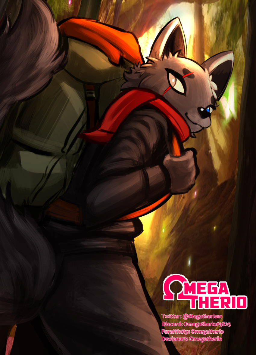 anthro backpack black_body black_bottomwear black_clothing black_fur black_nose black_tail black_topwear blue_eyes bottomwear canid canine canis clothed clothing eyebrows fully_clothed fur green_backpack hi_res mammal omegatherio pink_text solo text topwear wolf