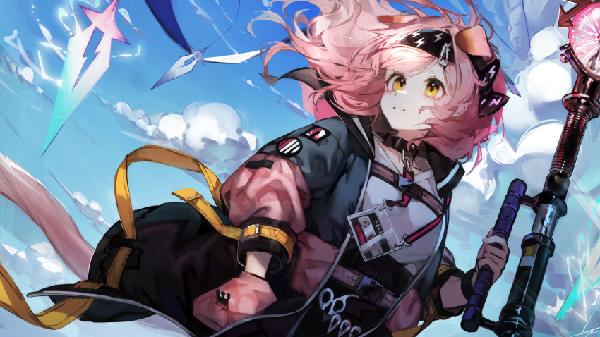 1girl absurdres alternate_hairstyle animal_ears arknights black_skirt blue_jacket blue_sky cat_ears cat_girl cat_tail cloud cloudy_sky cowboy_shot dutch_angle electricity floating_hair floppy_ears goldenglow_(arknights) hair_down hand_in_pocket highres holding holding_staff id_card jacket libiadan long_hair looking_to_the_side multicolored_clothes multicolored_jacket outdoors parted_lips pink_jacket scissors shirt skirt sky smile solo staff tail two-tone_jacket white_shirt yellow_eyes