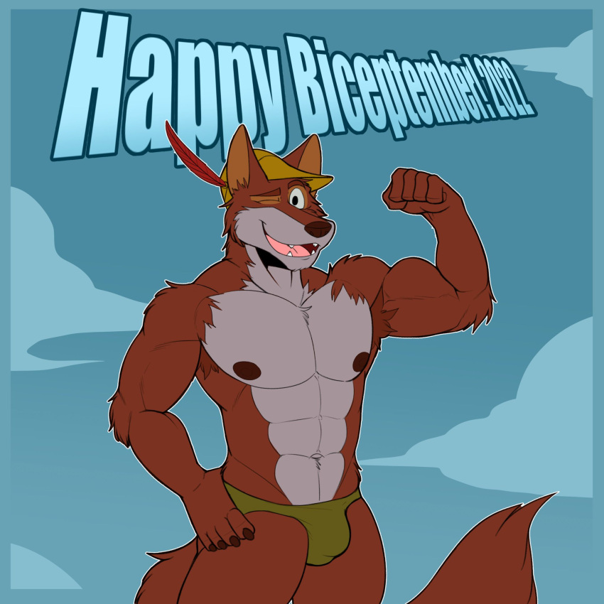 abs anthro arcwuff armpit_hair biceps body_hair briefs briefs_only bulge canid canine clothed clothing countershading digital_media_(artwork) disney flexing flexing_bicep fox fur hat headgear headwear hi_res looking_at_viewer male mammal muscular muscular_anthro muscular_male nipples robin_hood robin_hood_(disney) simple_background smile solo standing text underwear underwear_only