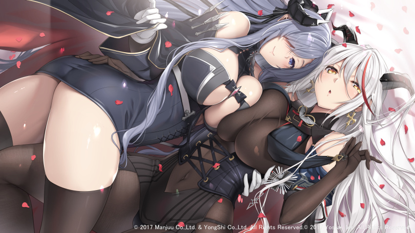 2girls aegir_(azur_lane) ass august_von_parseval_(azur_lane) azur_lane bangs bare_shoulders black_thighhighs blue_eyes blush breasts cleavage curled_horns grey_hair hair_over_one_eye highres horns large_breasts long_hair long_sleeves looking_at_viewer mechanical_horns multicolored_hair multiple_girls nakano_sora red_hair streaked_hair thighhighs thighs very_long_hair white_hair yellow_eyes