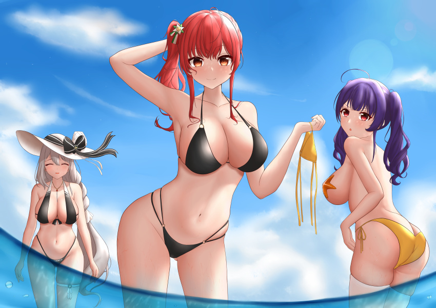 3girls :o absurdres ahoge aquila_(a_sip_of_sardegnian_elegance)_(azur_lane) aquila_(azur_lane) arm_up ass azur_lane back bikini bikini_top_removed black_bikini blue_sky bow braid braided_ponytail breasts closed_eyes closed_mouth cloud contrapposto day hair_ornament hat hat_bow highleg highleg_bikini highres jewelry laichange large_breasts long_hair looking_at_viewer looking_back multiple_girls navel outdoors pendant pola_(azur_lane) pola_(seaside_coincidence)_(azur_lane) purple_hair red_eyes red_hair side-tie_bikini_bottom side_ponytail skindentation sky starfish stomach sun_hat sunlight swimsuit thigh_strap thighhighs thighs topless twintails very_long_hair wading white_thighhighs yellow_bikini zara_(azur_lane) zara_(poolside_coincidence)_(azur_lane)