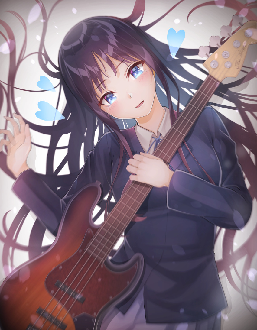 1girl :d absurdres ajimi07 akiyama_mio bangs black_hair black_jacket blue_eyes blue_ribbon collared_shirt floating_hair grey_skirt head_tilt heart highres holding holding_instrument instrument jacket k-on! long_hair long_sleeves looking_at_viewer neck_ribbon open_mouth pleated_skirt ribbon sakuragaoka_high_school_uniform school_uniform shiny shiny_hair shirt skirt smile solo straight_hair very_long_hair white_shirt wing_collar