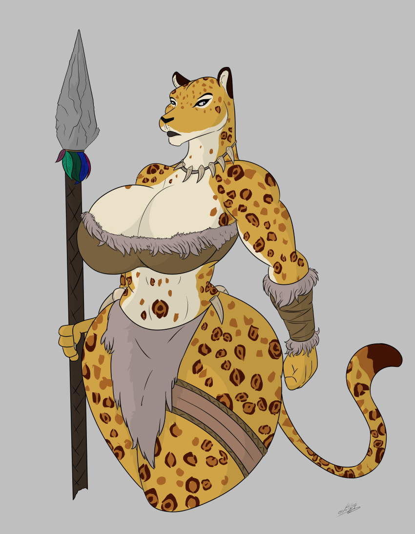 absurd_res big_breasts big_butt breasts butt cavewoman countershading felid female hi_res leopard looking_at_viewer mammal melee_weapon orangina painting pantherine polearm solo spear thick_thighs weapon