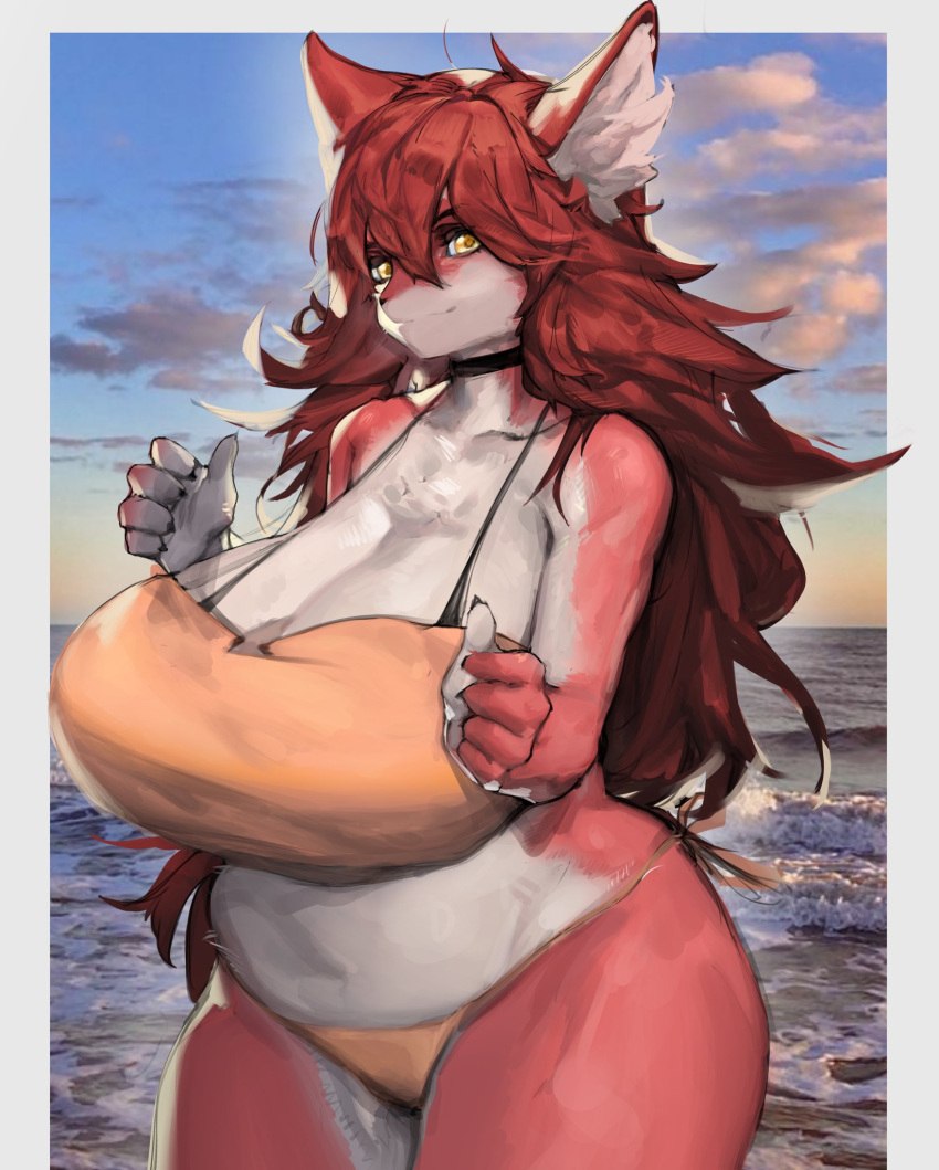 1girl animal_ears bikini body_fur breasts cleavage cloud collarbone double_thumbs_up furry furry_female hair_between_eyes highres huge_breasts letterboxed long_hair looking_at_viewer ocean orange_bikini original red_fur red_hair sky smile snout solo swimsuit thumbs_up unfinished white_fur wolf_ears wolf_girl woobin94 yellow_eyes