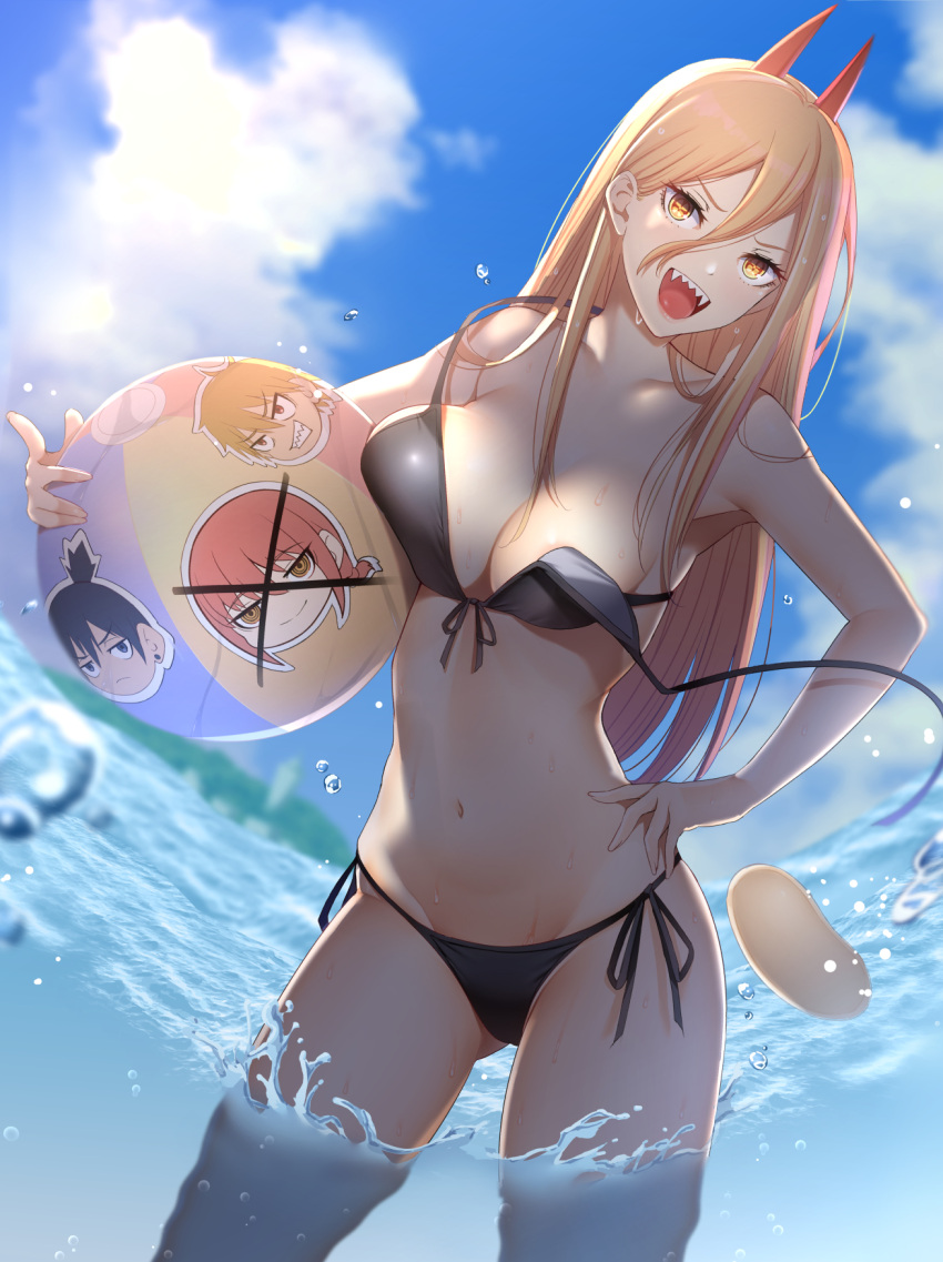 1girl :d ball beachball bikini black_bikini blonde_hair blue_sky breast_press breasts chainsaw_man cleavage cloud collarbone cowboy_shot day denji_(chainsaw_man) fingernails front-tie_bikini_top front-tie_top groin hand_on_hip hayakawa_aki highres horns kippuru long_hair looking_at_viewer makima_(chainsaw_man) medium_breasts navel ocean open_mouth outdoors power_(chainsaw_man) sharp_fingernails shiny shiny_hair side-tie_bikini_bottom sky smile solo standing straight_hair swimsuit untied untied_bikini very_long_hair wading wardrobe_malfunction yellow_eyes