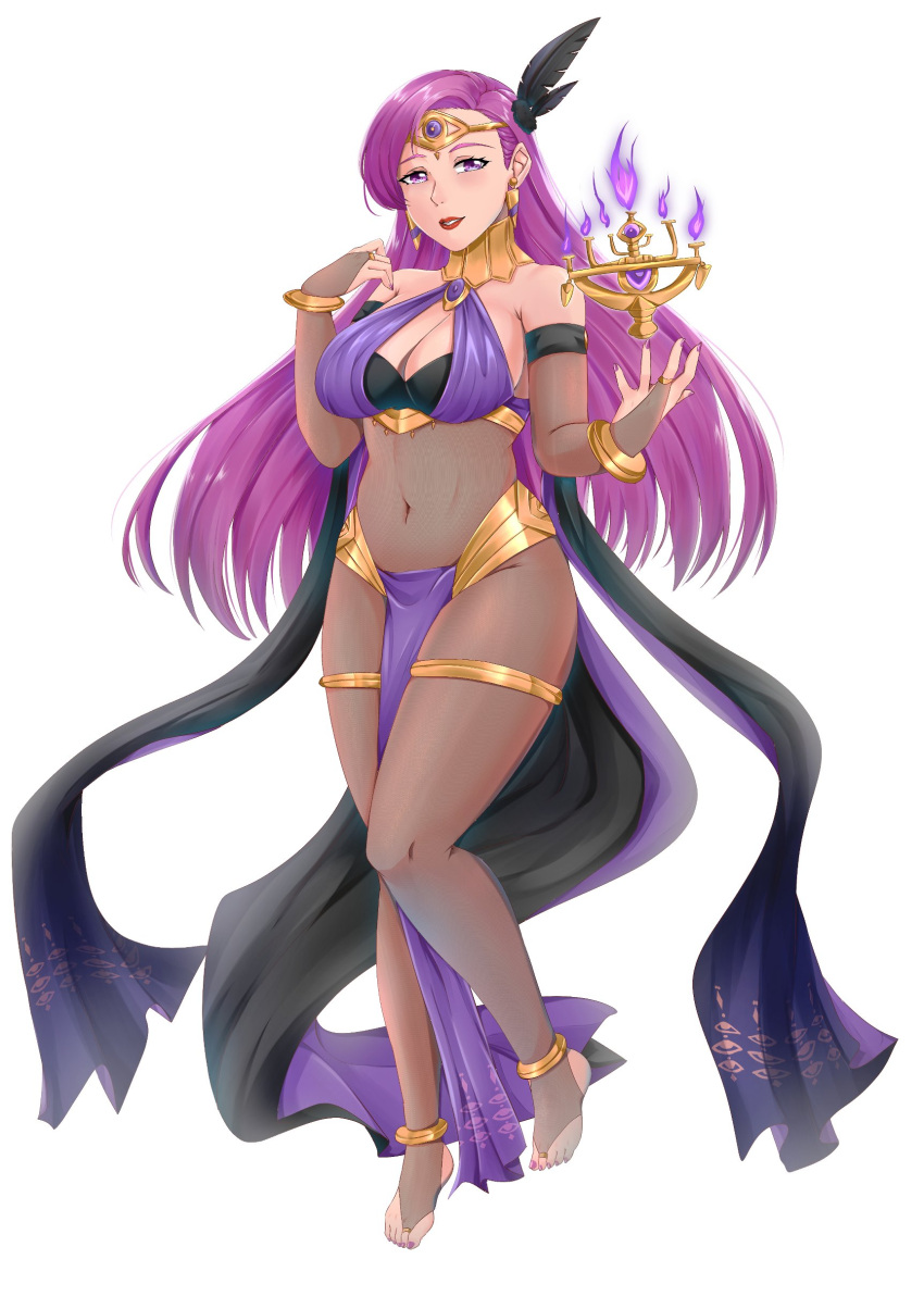 1girl absurdres adapted_costume bare_shoulders black_cape bodystocking bodysuit bracelet breasts bridal_gauntlets brunnya_(fire_emblem) candelabra cape cleavage covered_navel earrings eyes_of_grima fire fire_emblem fire_emblem:_the_binding_blade fire_emblem_heroes highres jewelry large_breasts long_hair looking_at_viewer pelvic_curtain purple_eyes purple_fire purple_hair purple_nails red_lips revealing_clothes rinku_bny simple_background smile solo white_background