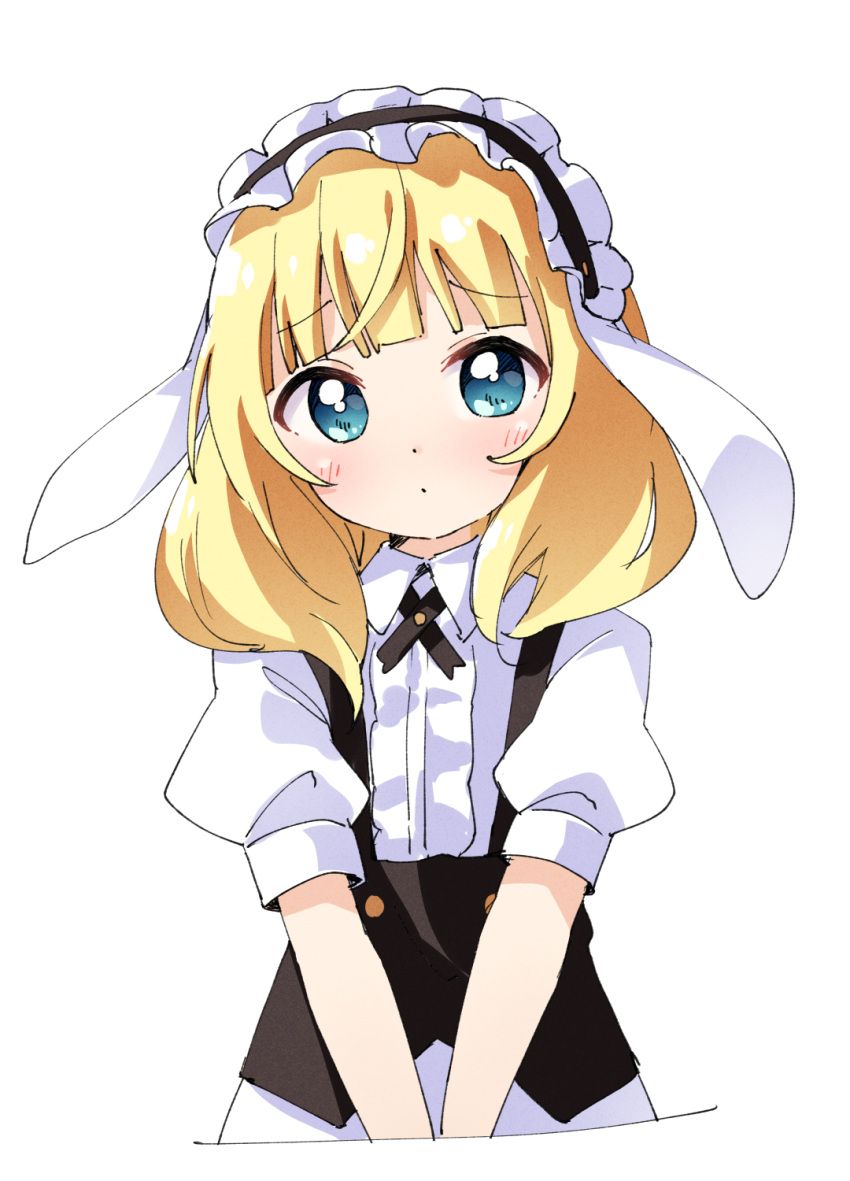 1girl animal_ears bangs blonde_hair blue_eyes blunt_bangs collared_shirt commentary dot_mouth fake_animal_ears fleur_de_lapin_uniform frilled_hairband frills gochuumon_wa_usagi_desu_ka? hairband haru_(konomi_150) highres kirima_syaro light_blush long_hair looking_at_viewer puffy_short_sleeves puffy_sleeves rabbit_ears shirt short_sleeves simple_background solo v_arms white_background