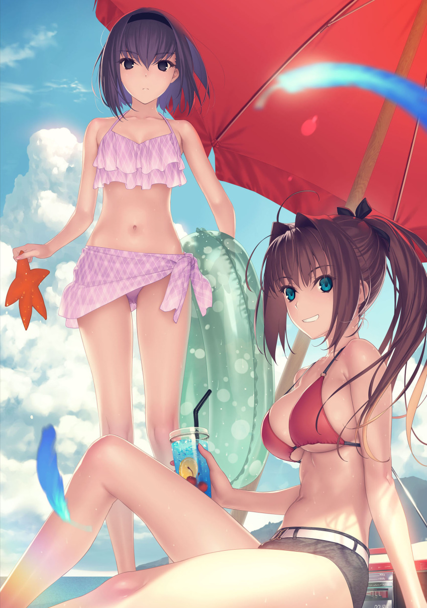 2girls aozaki_aoko artist_request bare_arms bare_legs belt belt_buckle bikini bikini_top_only black_bow black_eyes black_hairband black_shorts blue_eyes blue_sky bow breasts brown_hair buckle cleavage cloud collarbone cumulonimbus_cloud drinking_straw feathers frown grin hair_bow hair_intakes hairband highres holding innertube kuonji_alice large_breasts long_hair looking_at_viewer mahou_tsukai_no_yoru multiple_girls navel outdoors parasol ponytail purple_bikini red_bikini sarong short_shorts shorts sideboob sitting sky small_breasts smile standing strap_gap swimsuit umbrella underboob white_belt