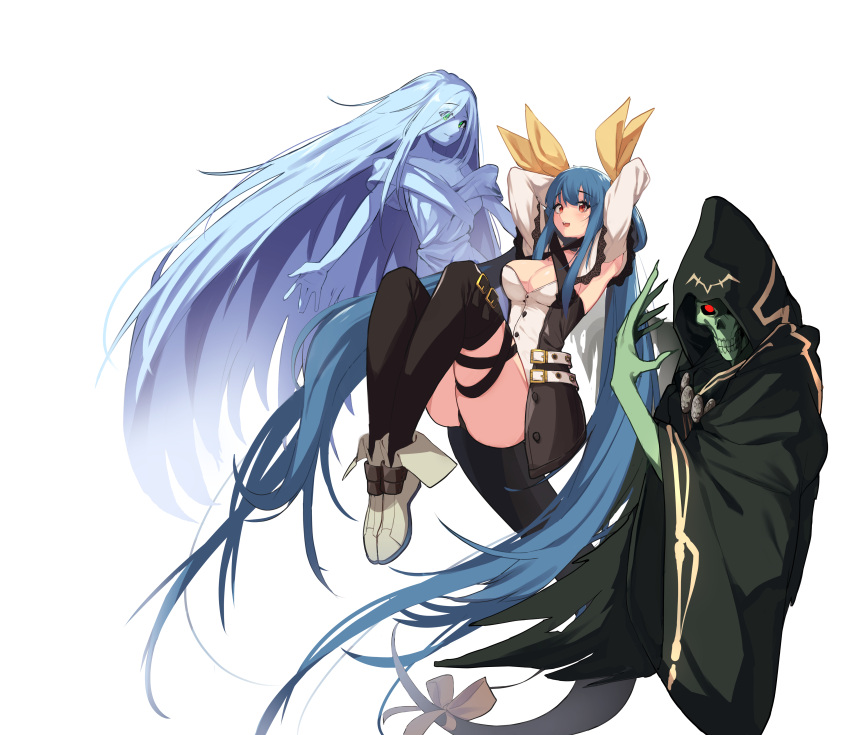 1girl absurdres angel_wings armpits arms_behind_head arms_up ass asymmetrical_wings bakaring bangs belt black_thighhighs blue_hair breasts cleavage detached_sleeves dizzy_(guilty_gear) full_body guilty_gear guilty_gear_xrd hair_between_eyes hair_ornament hair_ribbon hair_rings highres large_breasts long_hair monster_girl necro_(guilty_gear) open_mouth red_eyes ribbon sidelocks simple_background skindentation tail tail_ornament tail_ribbon thick_thighs thigh_strap thighhighs thighs twintails undine_(guilty_gear) white_background wide_sleeves wings yellow_ribbon