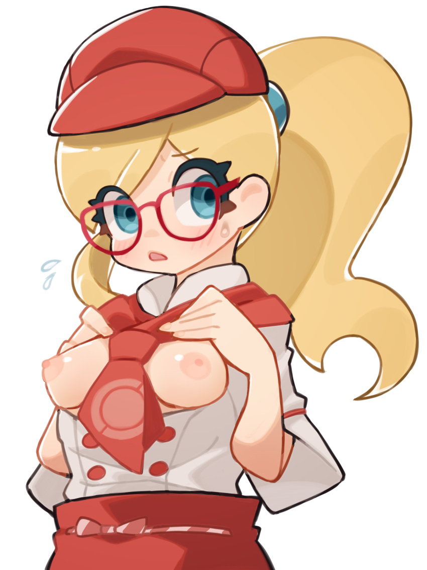 1girl absurdres apron aqua_eyes blonde_hair blush breasts breasts_out buttons flying_sweatdrops glasses hat highres leah_(pokemon) long_hair necktie nipples open_mouth pokemon pokemon_cafe_mix ponytail red-framed_eyewear red_apron red_headwear red_necktie shirt short_necktie short_sleeves solo sweatdrop sweelan waist_apron white_background white_shirt