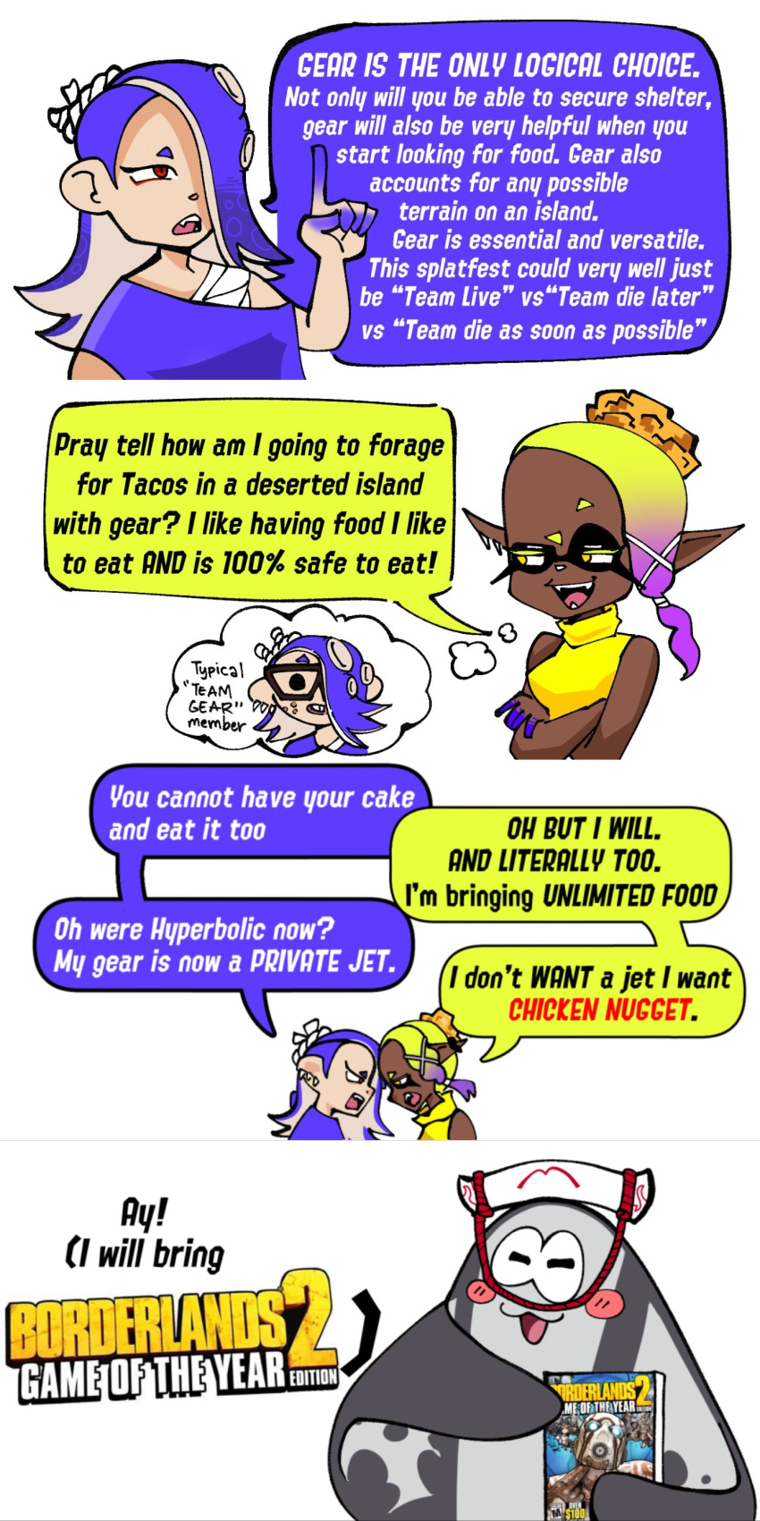 absurd_res animal_humanoid anthro argument batoid big_man_(splatoon) blush borderlands cephalopod cephalopod_humanoid cheetopuffed english_text female fish frye_(splatoon) group hi_res humanoid humor inkling male manta_ray marine marine_humanoid mollusk mollusk_humanoid nintendo octarian octoling shiver_(splatoon) splatoon stingray text trio video_games