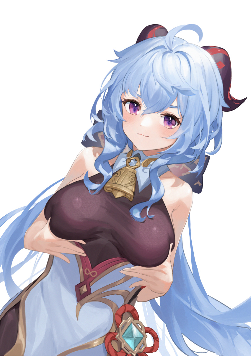 1girl :3 absurdres ahoge bangs bell blue_hair blush breasts chinese_knot flower_knot ganyu_(genshin_impact) genshin_impact gold_trim grabbing_own_breast highres horns long_hair looking_at_viewer medium_breasts neck_bell no_gloves oiru_(fattyoils) purple_eyes sidelocks smug solo upper_body vision_(genshin_impact) white_background