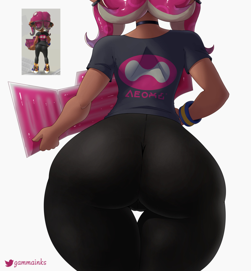 2022 absurd_res agent_8_(splatoon) big_butt butt cephalopod clothed clothing digital_media_(artwork) female fingers gammainks hi_res holding_object marine mollusk nintendo octarian octoling rear_view shirt simple_background solo splatoon sweatband thigh_gap topwear video_games white_background