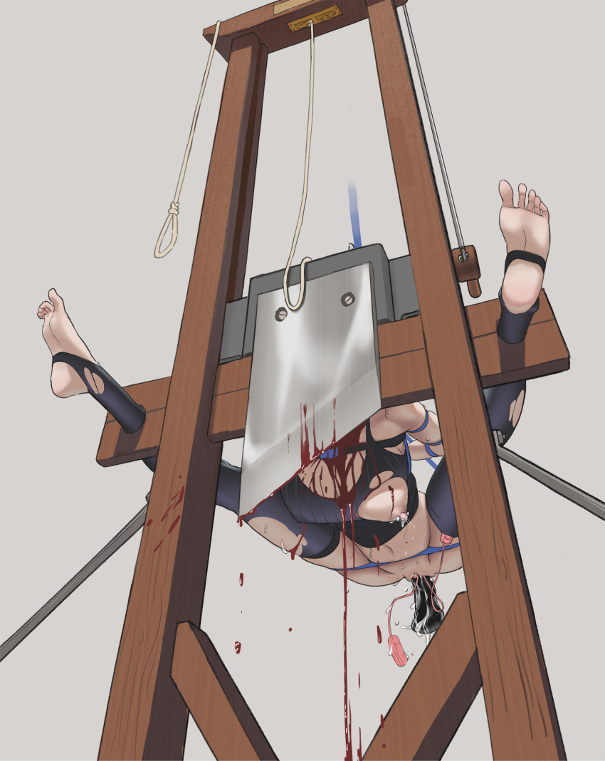 1girl aa-12_(girls'_frontline) ahoge beret black_shirt black_thighhighs blue_eyes breasts decapitation dildo dozm_(txnmb) execution girls'_frontline grey_hair guillotine guro hat highres lactation lactation_through_clothes large_breasts long_hair masturbation mouth_hold nipple_piercing nipples object_insertion piercing sex_toy shirt solo thighhighs vaginal vaginal_object_insertion vibrator