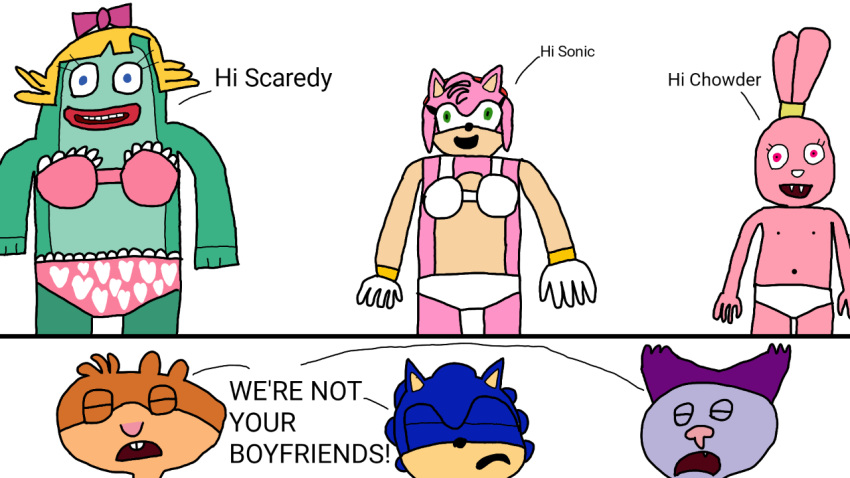 amy_rose cartoon_network cat_bear_rabbit_hybrid chowder chowder_(series) clothing eulipotyphlan female fish hedgehog male mammal marine maxandrubyfan panini_(chowder) panties pink_clothing pink_panties pink_underwear rodent sally_fishlips scaredy_squirrel_(character) sciurid sega sonic_the_hedgehog sonic_the_hedgehog_(series) underwear