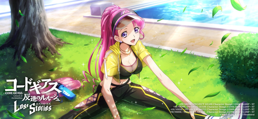 1girl :d black_pants breasts cleavage code_geass code_geass:_genesic_re;code collarbone copyright_name crop_top day earrings euphemia_li_britannia highres hood hood_down hooded_jacket jacket jewelry large_breasts long_hair navel necklace open_clothes open_jacket open_mouth outdoors pants pink_hair ponytail promotional_art purple_eyes shiny shiny_hair short_sleeves sitting smile solo spread_legs stretching sunlight very_long_hair visor_cap watermark yellow_jacket