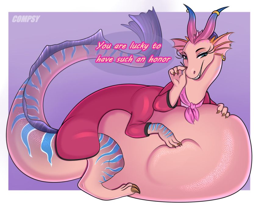 babe_(luck) belly big_belly compsy dragon female feral oral_vore simple_background smile soft_vore solo vore
