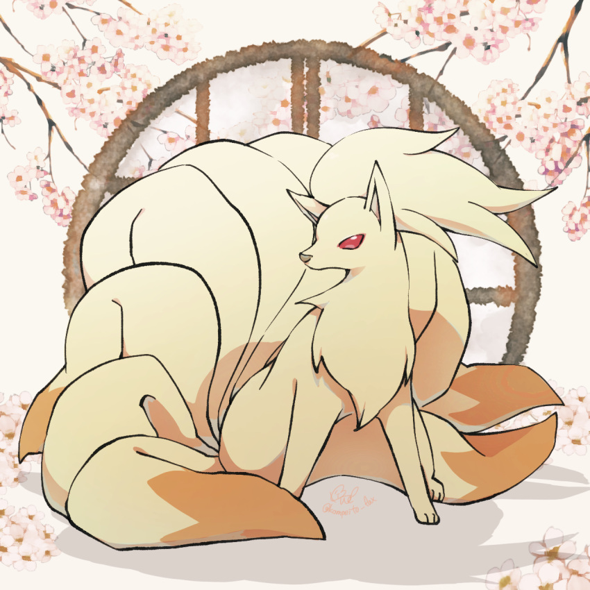 3_toes 9_tails abstract_background ambiguous_gender brown_nose canid canine cherry_blossom colored detailed_background digital_media_(artwork) dipstick_tail empty_eyes feet feral flower_petals fluffy fluffy_chest fluffy_tail front_view full-length_portrait fur generation_1_pokemon head_tuft hi_res kemono kompeito looking_at_viewer mammal markings monotone_ears multi_tail multicolored_body multicolored_fur multicolored_tail ninetales nintendo no_sclera orange_body orange_fur orange_tail paws petals plant pokemon pokemon_(species) portrait quadruped red_eyes sitting snout solo tail_markings three-quarter_view toes tree tuft two_tone_body two_tone_fur two_tone_tail video_games window yellow_body yellow_ears yellow_fur yellow_inner_ear yellow_tail