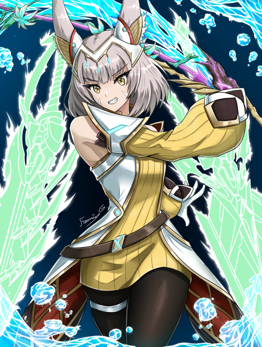 animal_ears bangs blunt_bangs cat_ears catalyst_scimitar detached_sleeves facial_mark fgsketch grey_hair highres nia_(blade)_(xenoblade) nia_(xenoblade) short_hair sword thighhighs weapon xenoblade_chronicles_(series) xenoblade_chronicles_2 xenoblade_chronicles_3 yellow_eyes