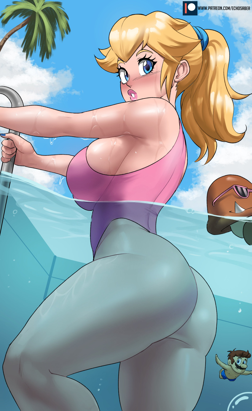 1boy 1girl 1other absurdres ass bare_shoulders blonde_hair blue_eyes blush breasts brown_hair cloud echo_saber goomba highres huge_ass large_breasts long_hair looking_at_viewer looking_back mario mario_(series) one-piece_swimsuit outdoors partially_submerged partially_underwater_shot pink_one-piece_swimsuit ponytail pool princess_peach shiny shiny_hair shiny_skin short_hair shorts sideboob sky smile sunglasses super_mario_bros._1 swimsuit thick_thighs thighs tree underwater water wide_hips