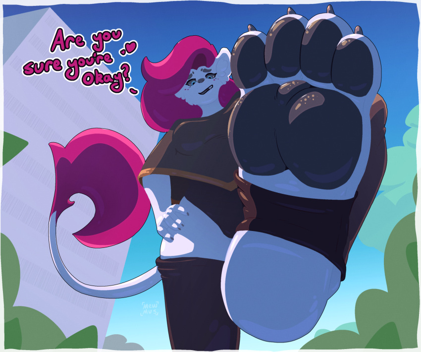 &lt;3 2022 anthro black_sclera blue_eyes dialogue digital_media_(artwork) english_text feet felid female foot_focus fur hair hand_on_hip hi_res lion looking_at_viewer low-angle_view mammal mewmus outside pantherine pawpads pink_hair rose_pantilion smile solo text white_body white_fur worm's-eye_view