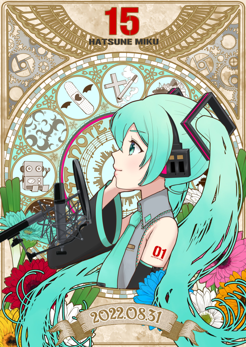 1girl anniversary annotated aqua_eyes aqua_hair aqua_necktie bare_shoulders black_sleeves character_name commentary dated detached_sleeves flower from_side gears graphic_equalizer grey_shirt hair_ornament hand_on_headphones hatsune_miku headphones highres kamippoina_(vocaloid) long_hair looking_up microphone mofmama necktie odds_&amp;_ends_(vocaloid) orange_flower pink_flower pop_filter red_flower rolling_girl_(vocaloid) shirt shoulder_tattoo sleeveless sleeveless_shirt solo song_request songover spring_onion tattoo twintails upper_body vampire_(vocaloid) very_long_hair vocaloid white_flower yellow_flower