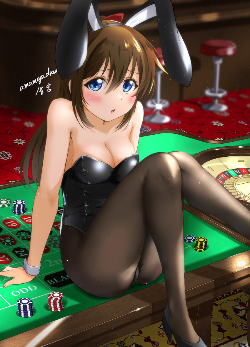 1girl amamiya_(re-amamiya) animal_ears bangs bare_arms black_footwear black_leotard black_pantyhose blue_eyes blush breasts brown_hair casino cleavage collarbone fake_animal_ears grey_hairband hair_between_eyes hairband high_heels highres indoors leotard long_hair looking_at_viewer love_live! love_live!_nijigasaki_high_school_idol_club medium_breasts open_mouth ousaka_shizuku pantyhose pumps rabbit_ears roulette_table shiny shiny_hair sitting solo strapless strapless_leotard table